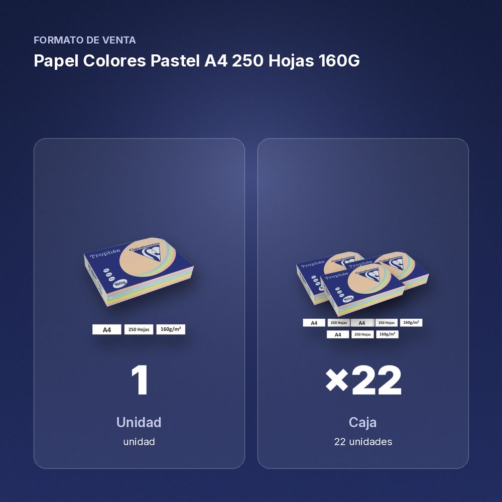 PAPEL COLORES PASTEL A4 250 HOJAS 160G  - formato de venta: caja de 22