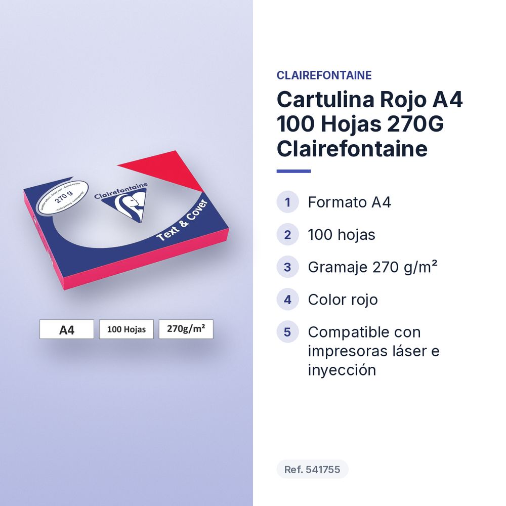 CARTULINA ROJO A4 100 HOJAS 270G CLAIREFONTAINE - características principales