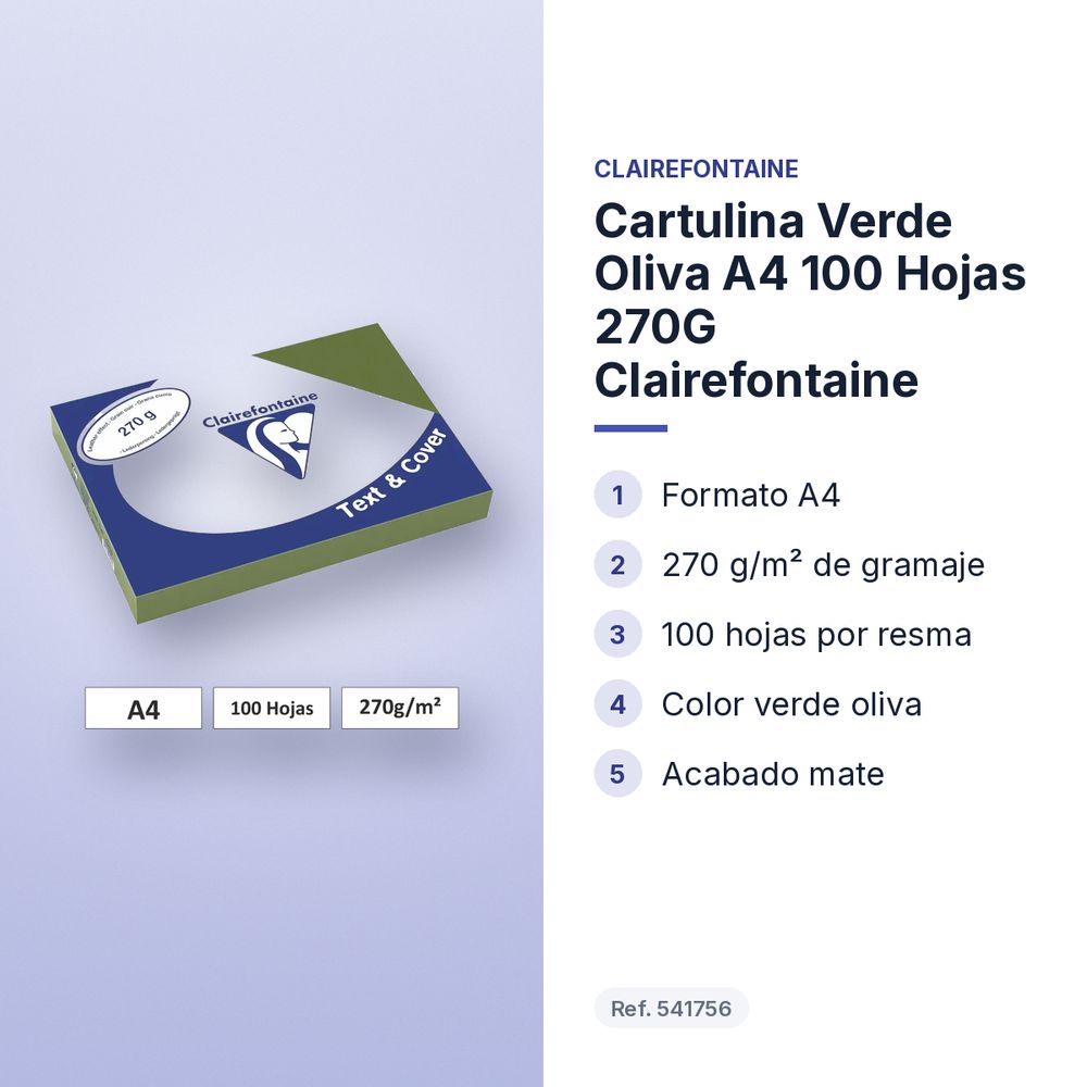 CARTULINA VERDE OLIVA A4 100 HOJAS 270G CLAIREFONTAINE - características principales