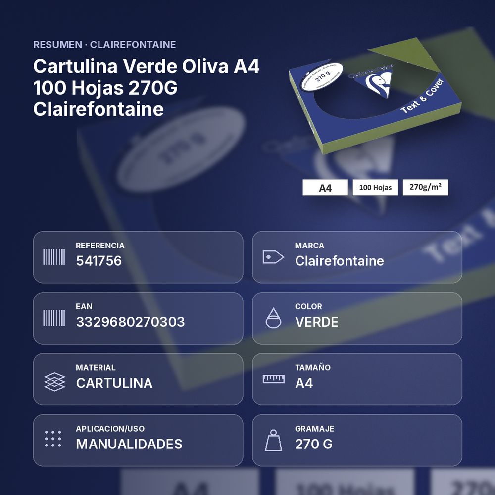 CARTULINA VERDE OLIVA A4 100 HOJAS 270G CLAIREFONTAINE - resumen de atributos