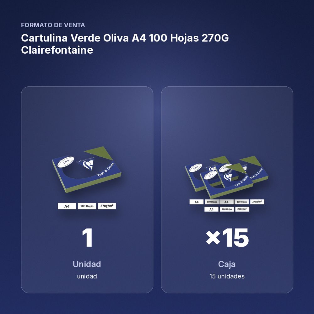 CARTULINA VERDE OLIVA A4 100 HOJAS 270G CLAIREFONTAINE - formato de venta: caja de 15
