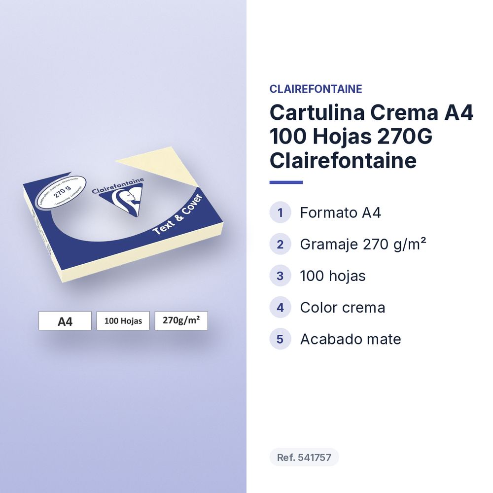 CARTULINA CREMA A4 100 HOJAS 270G CLAIREFONTAINE - características principales