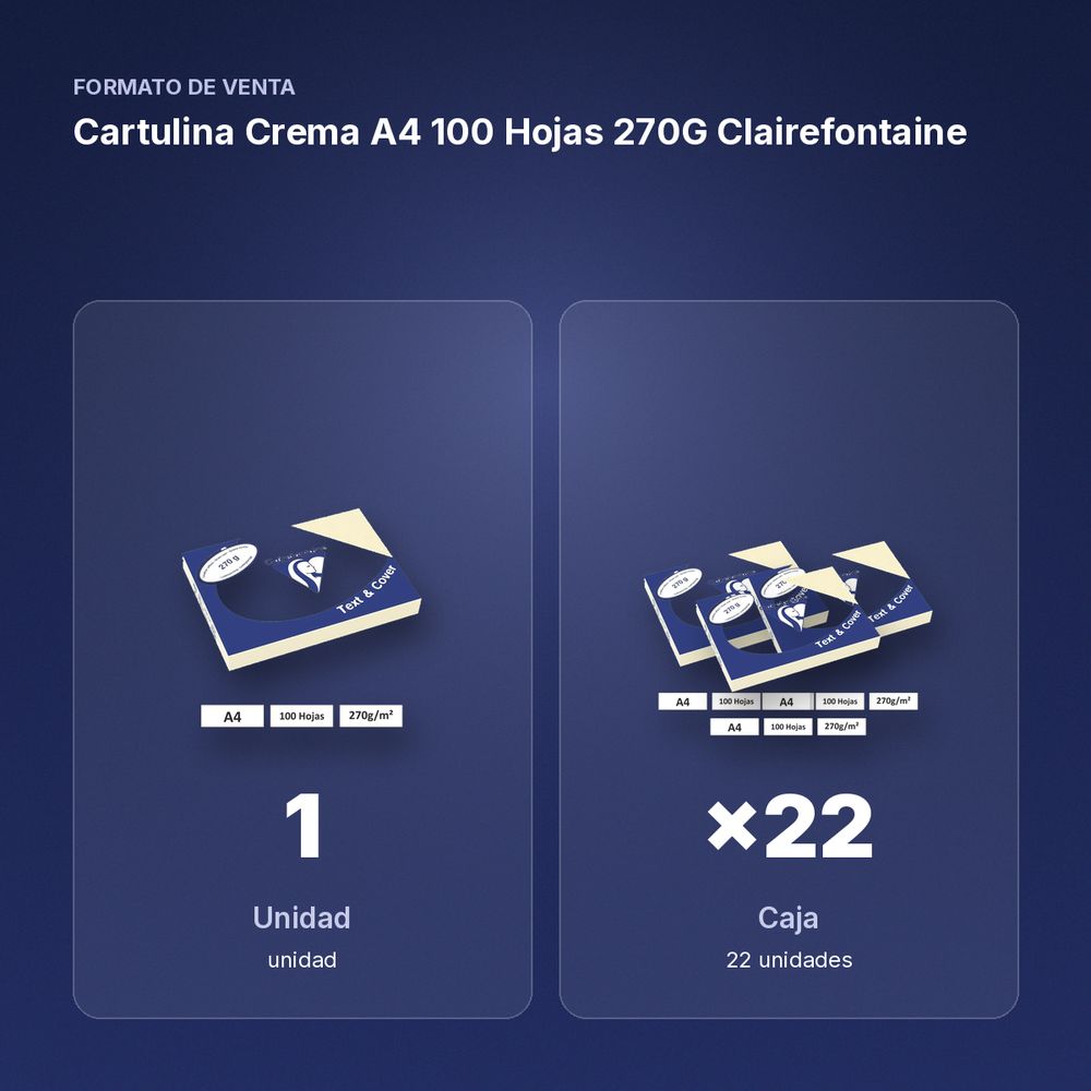 CARTULINA CREMA A4 100 HOJAS 270G CLAIREFONTAINE - formato de venta: caja de 22