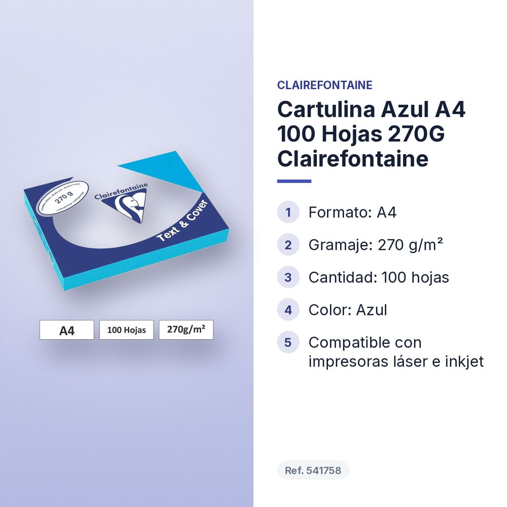CARTULINA AZUL A4 100 HOJAS 270G CLAIREFONTAINE - características principales