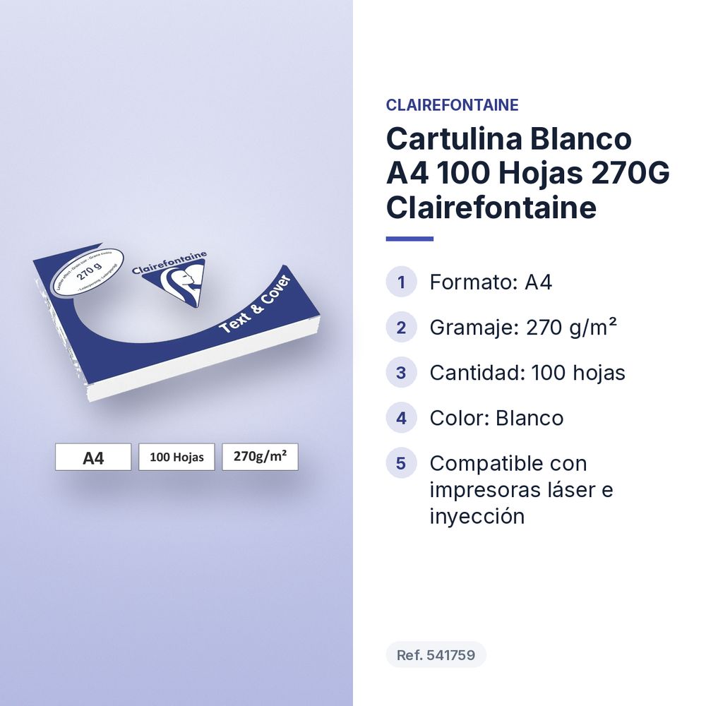 CARTULINA BLANCO A4 100 HOJAS 270G CLAIREFONTAINE - características principales