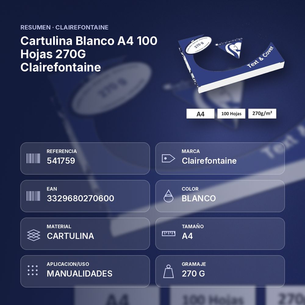 CARTULINA BLANCO A4 100 HOJAS 270G CLAIREFONTAINE - resumen de atributos