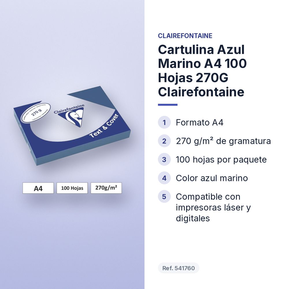 CARTULINA AZUL MARINO A4 100 HOJAS 270G CLAIREFONTAINE - características principales