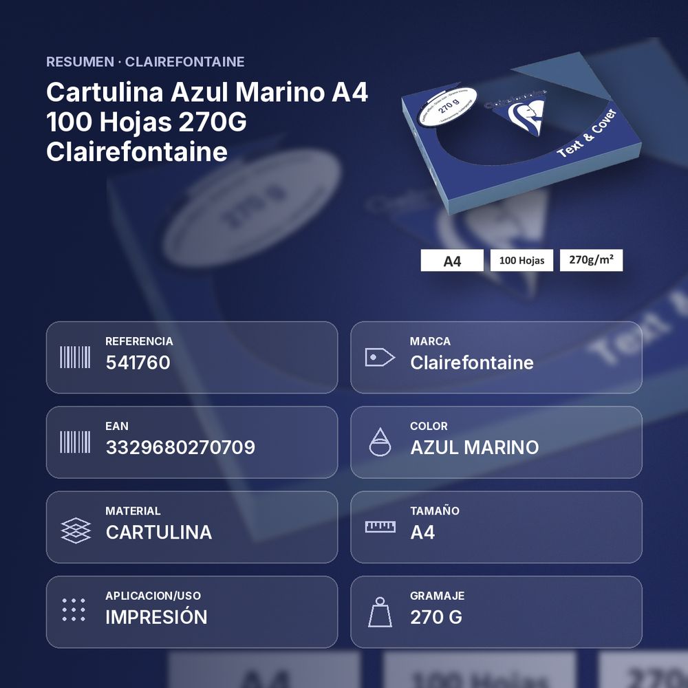 CARTULINA AZUL MARINO A4 100 HOJAS 270G CLAIREFONTAINE - resumen de atributos