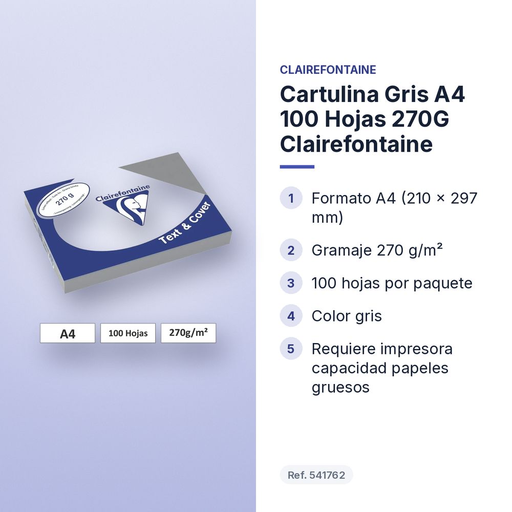 CARTULINA GRIS A4 100 HOJAS 270G CLAIREFONTAINE - características principales