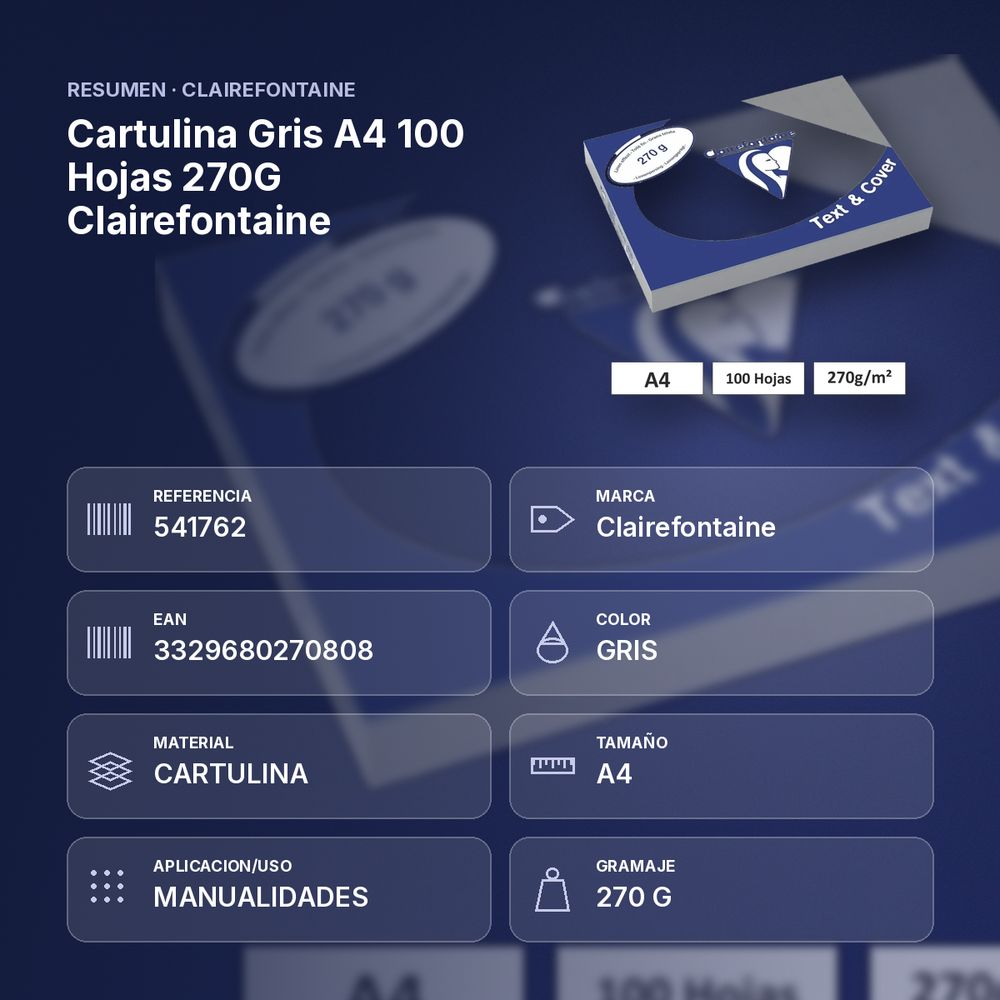 CARTULINA GRIS A4 100 HOJAS 270G CLAIREFONTAINE - resumen de atributos