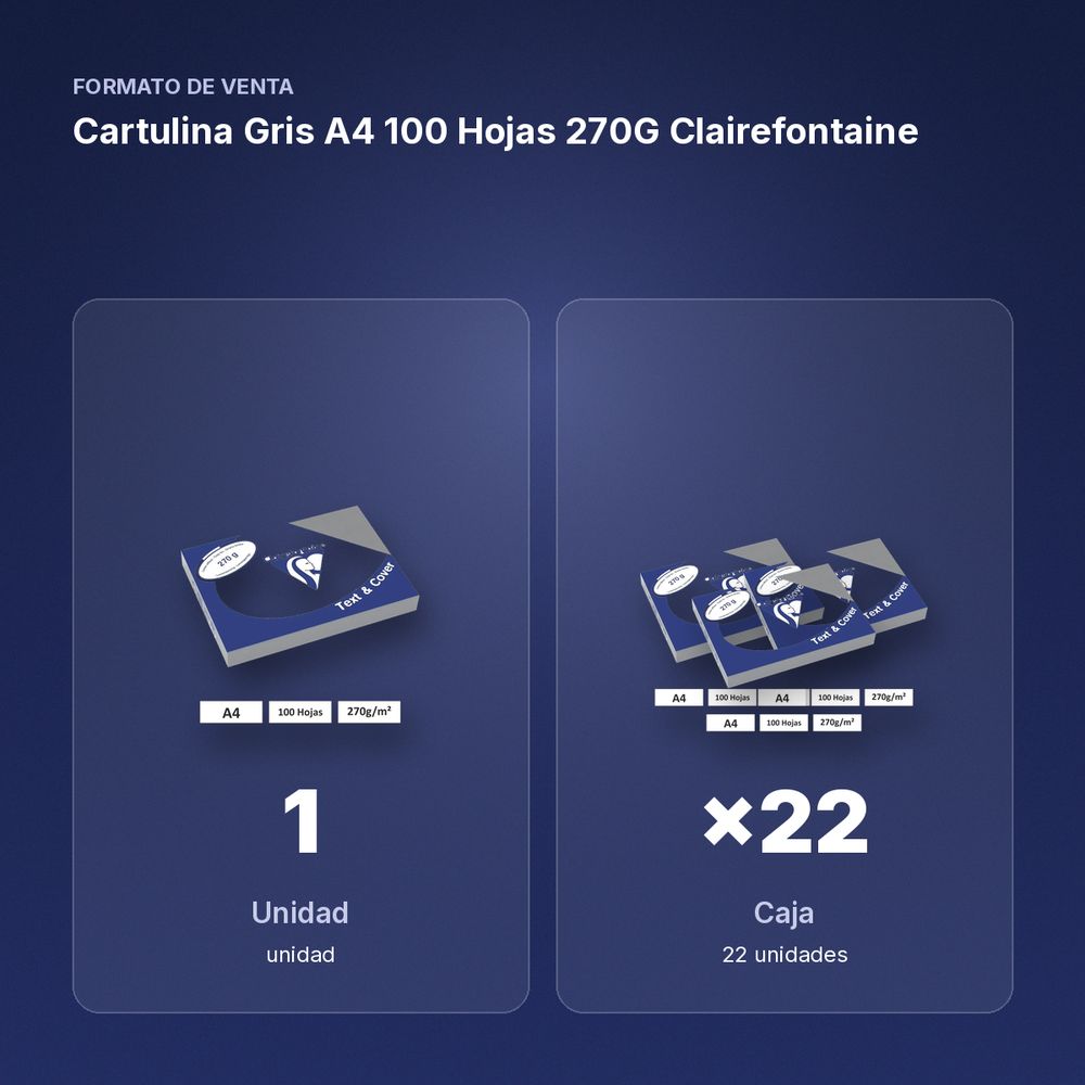 CARTULINA GRIS A4 100 HOJAS 270G CLAIREFONTAINE - formato de venta: caja de 22