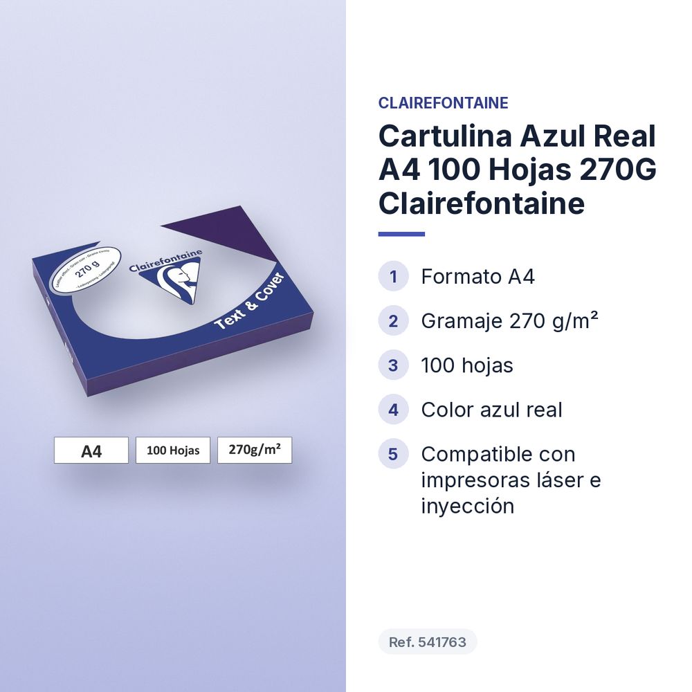 CARTULINA AZUL REAL A4 100 HOJAS 270G CLAIREFONTAINE - características principales