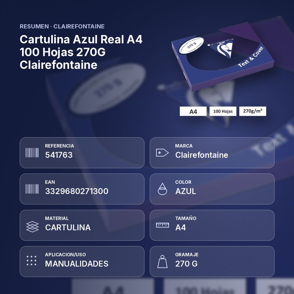 CARTULINA AZUL REAL A4 100 HOJAS 270G CLAIREFONTAINE - resumen de atributos