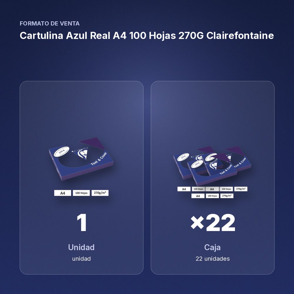 CARTULINA AZUL REAL A4 100 HOJAS 270G CLAIREFONTAINE - formato de venta: caja de 22