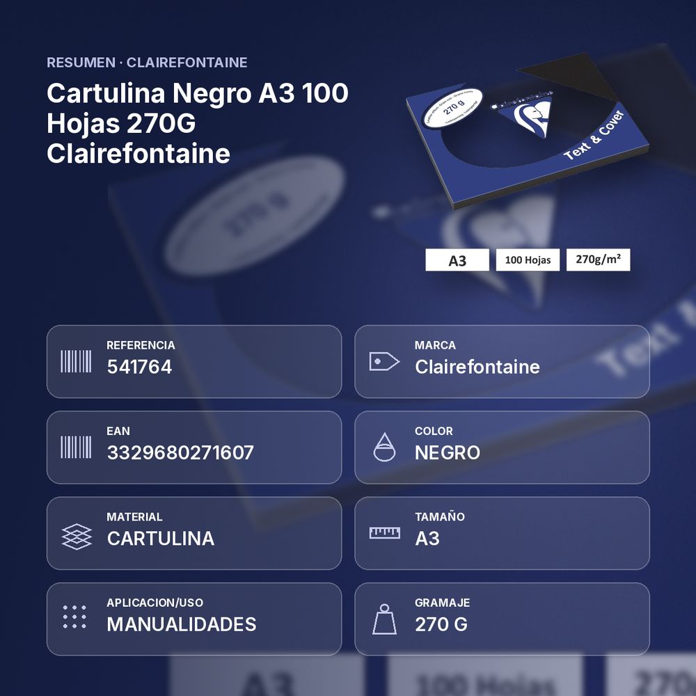 CARTULINA NEGRO A3 100 HOJAS 270G CLAIREFONTAINE - resumen de atributos
