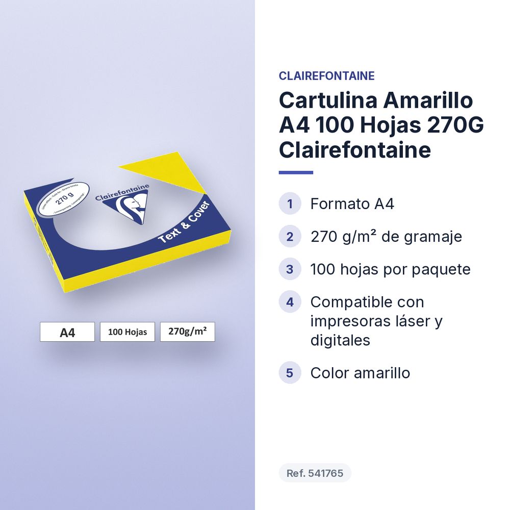 CARTULINA AMARILLO A4 100 HOJAS 270G  CLAIREFONTAINE - características principales