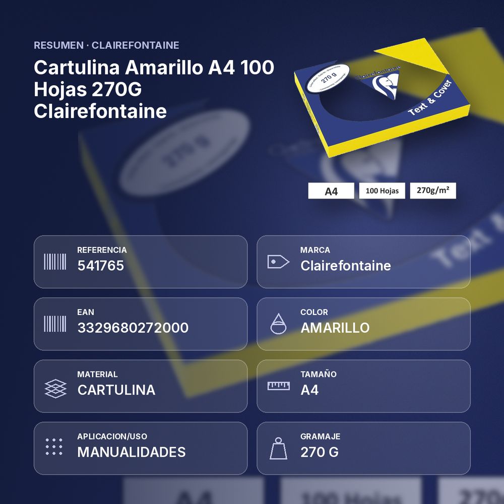 CARTULINA AMARILLO A4 100 HOJAS 270G  CLAIREFONTAINE - resumen de atributos