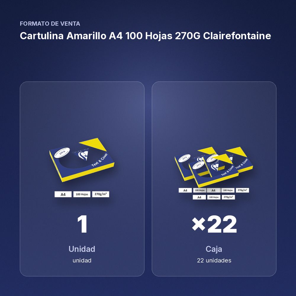 CARTULINA AMARILLO A4 100 HOJAS 270G  CLAIREFONTAINE - formato de venta: caja de 22