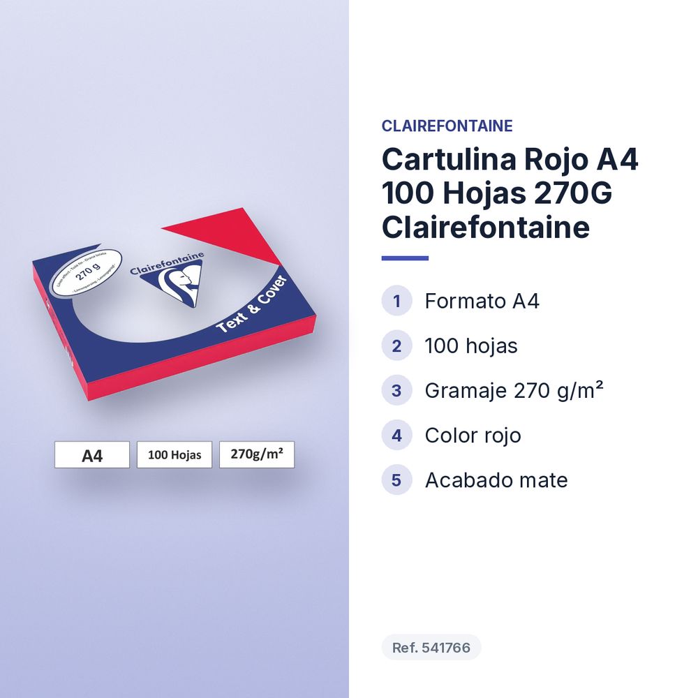 CARTULINA ROJO A4 100 HOJAS 270G CLAIREFONTAINE - características principales
