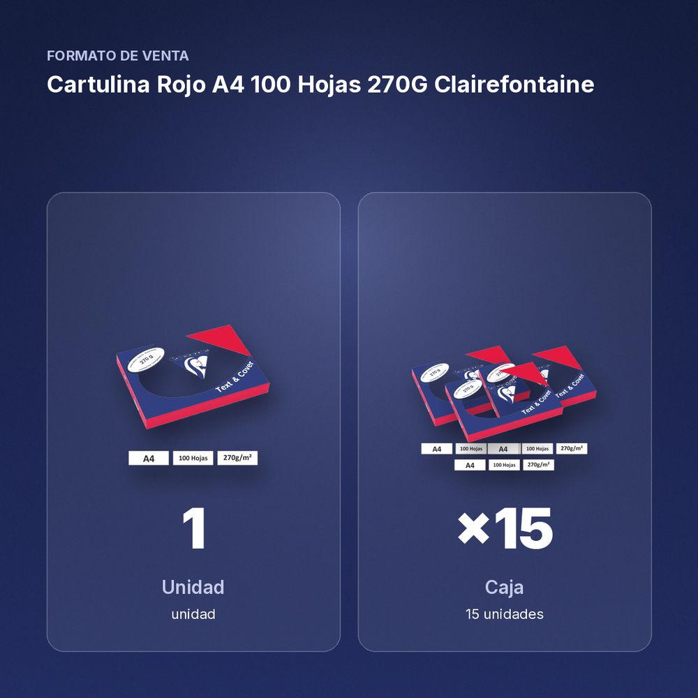CARTULINA ROJO A4 100 HOJAS 270G CLAIREFONTAINE - formato de venta: caja de 15
