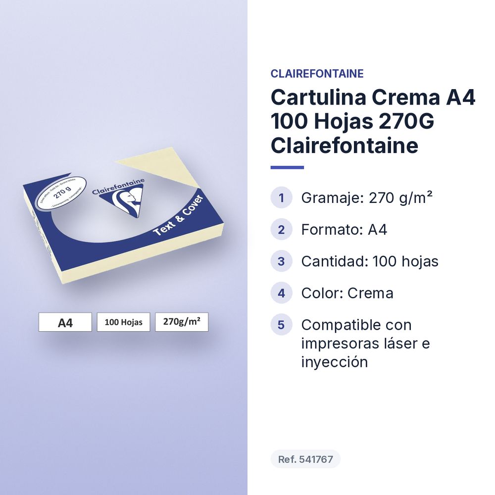 CARTULINA CREMA A4 100 HOJAS 270G CLAIREFONTAINE - características principales