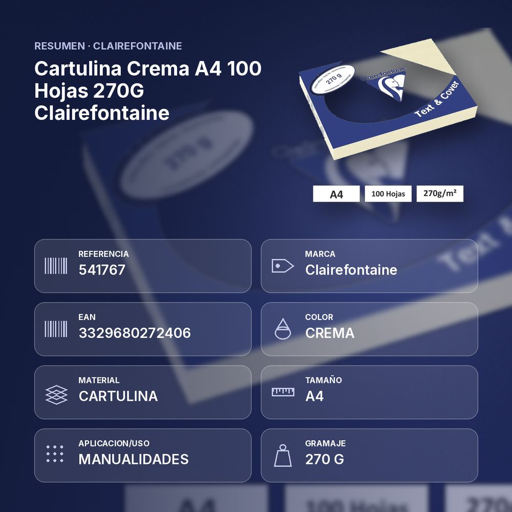CARTULINA CREMA A4 100 HOJAS 270G CLAIREFONTAINE - resumen de atributos