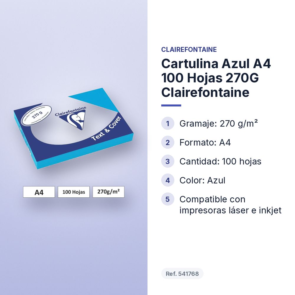 CARTULINA AZUL A4 100 HOJAS 270G CLAIREFONTAINE - características principales