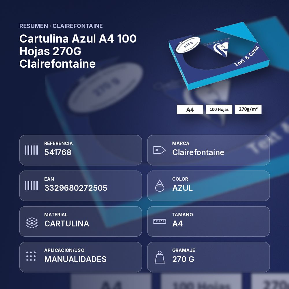 CARTULINA AZUL A4 100 HOJAS 270G CLAIREFONTAINE - resumen de atributos