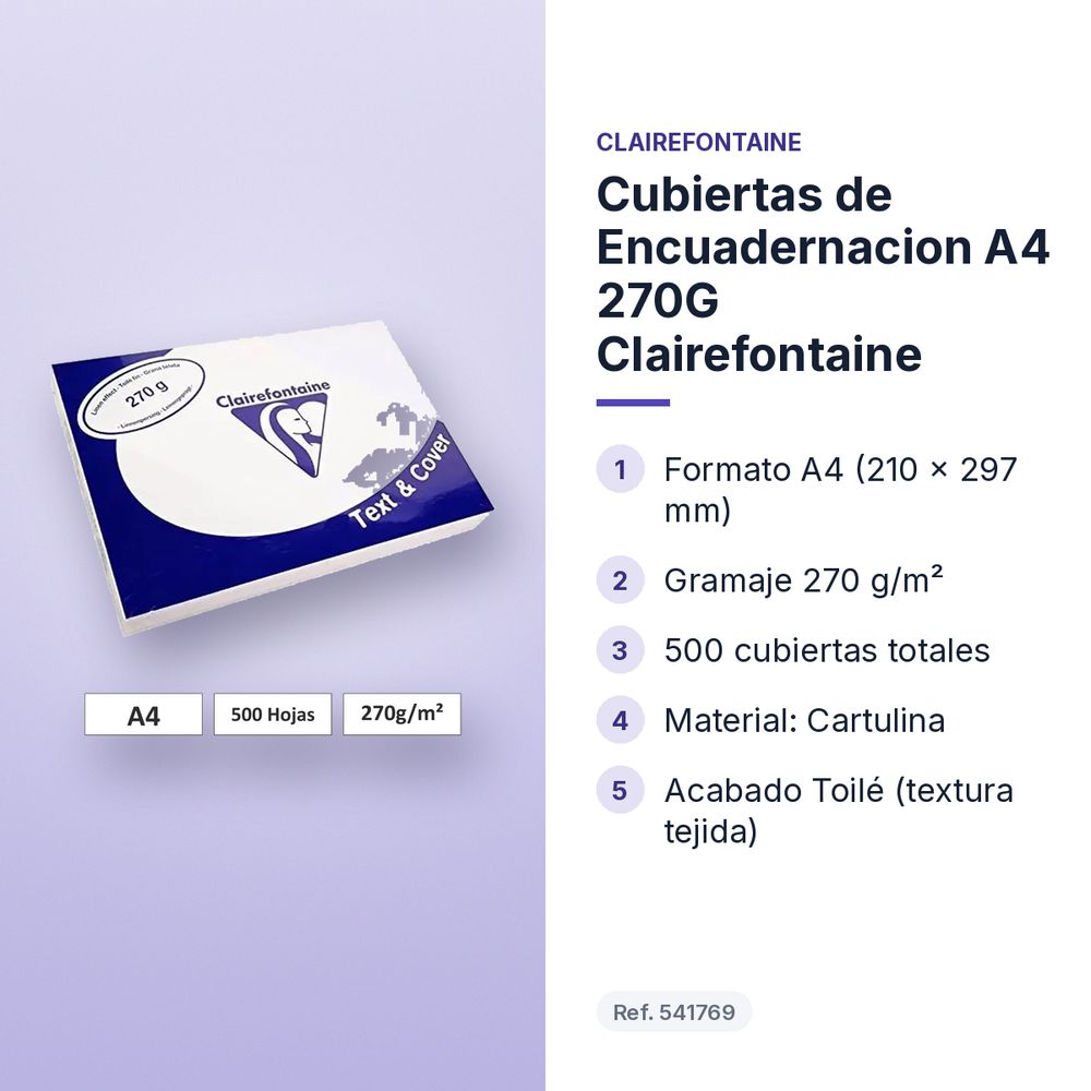 CUBIERTAS DE ENCUADERNACION A4 270G CLAIREFONTAINE - características principales