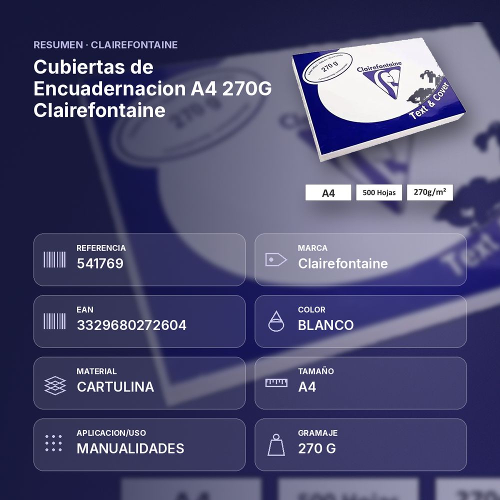 CUBIERTAS DE ENCUADERNACION A4 270G CLAIREFONTAINE - resumen de atributos