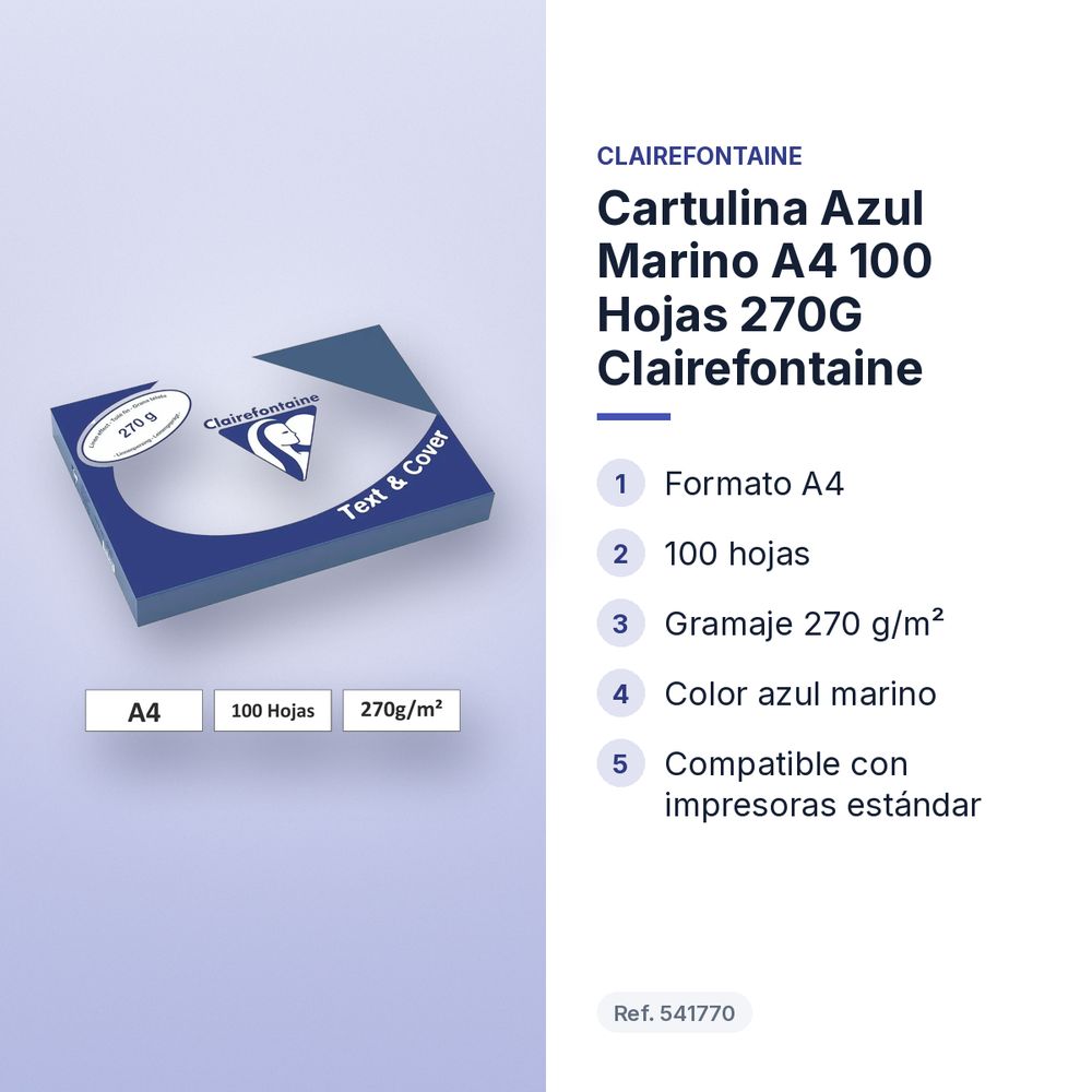 CARTULINA AZUL MARINO A4 100 HOJAS 270G CLAIREFONTAINE - características principales