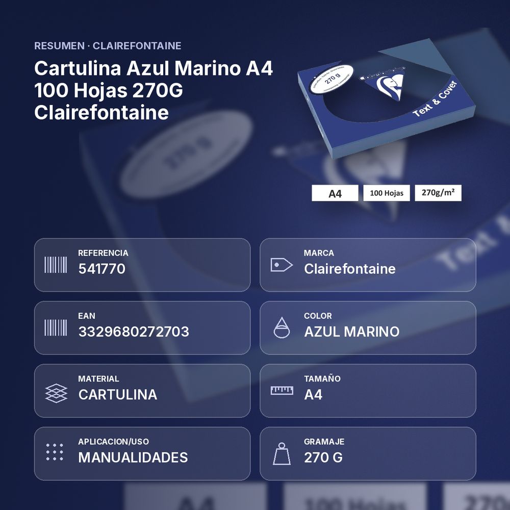 CARTULINA AZUL MARINO A4 100 HOJAS 270G CLAIREFONTAINE - resumen de atributos