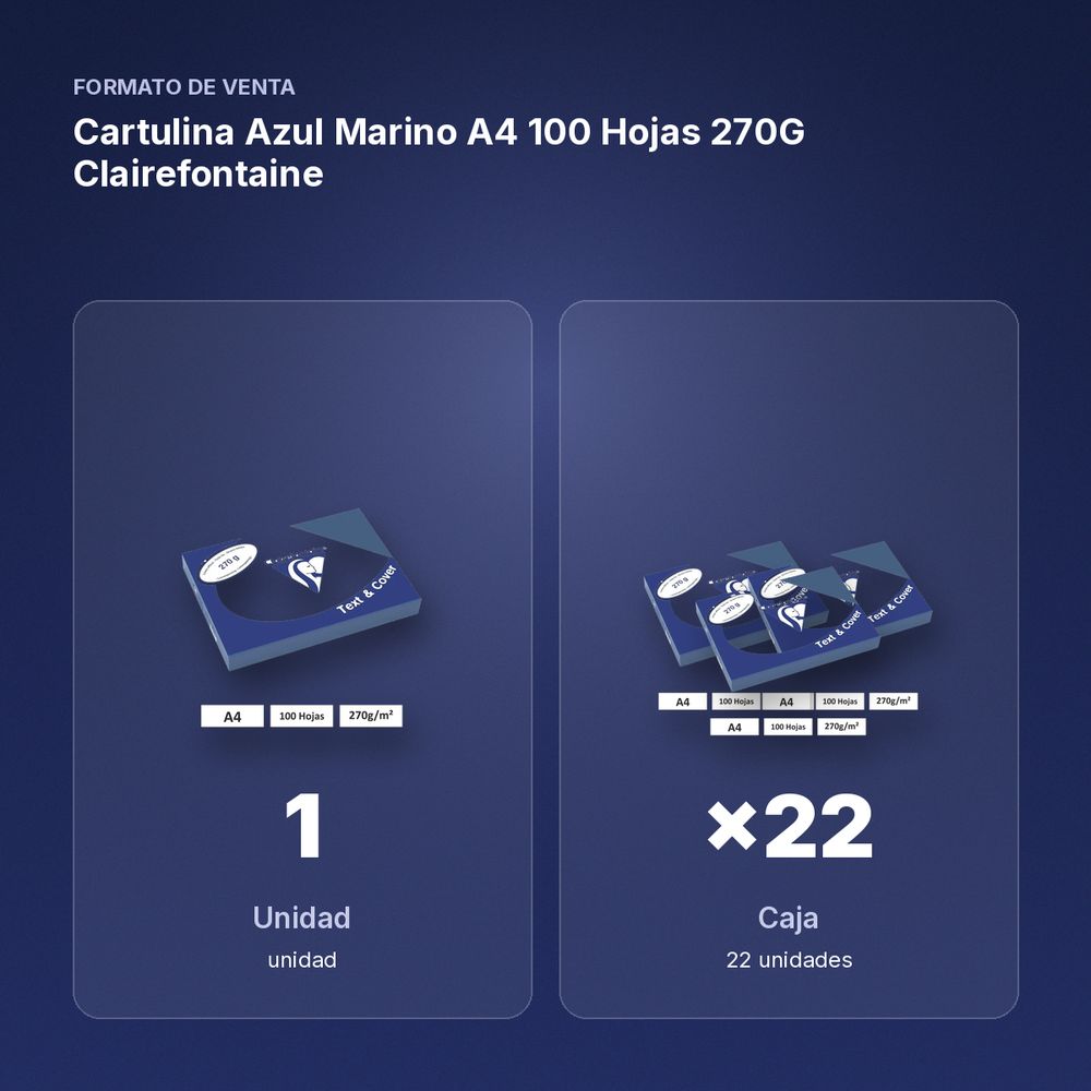 CARTULINA AZUL MARINO A4 100 HOJAS 270G CLAIREFONTAINE - formato de venta: caja de 22
