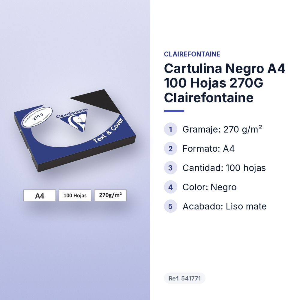 CARTULINA NEGRO A4 100 HOJAS 270G CLAIREFONTAINE - características principales