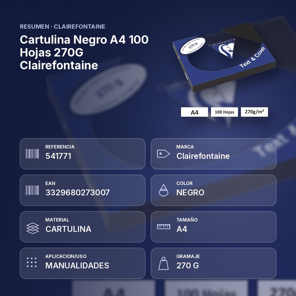 CARTULINA NEGRO A4 100 HOJAS 270G CLAIREFONTAINE - resumen de atributos