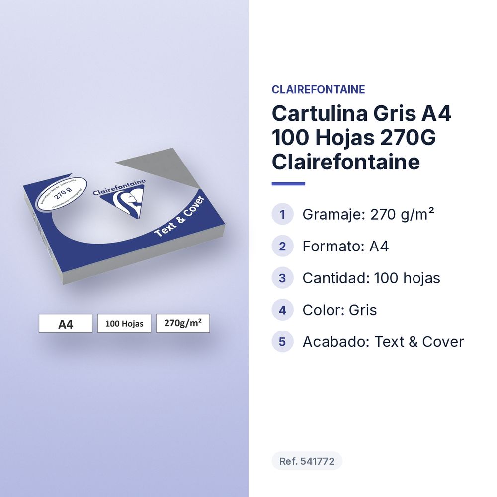 CARTULINA GRIS A4 100 HOJAS 270G CLAIREFONTAINE - características principales