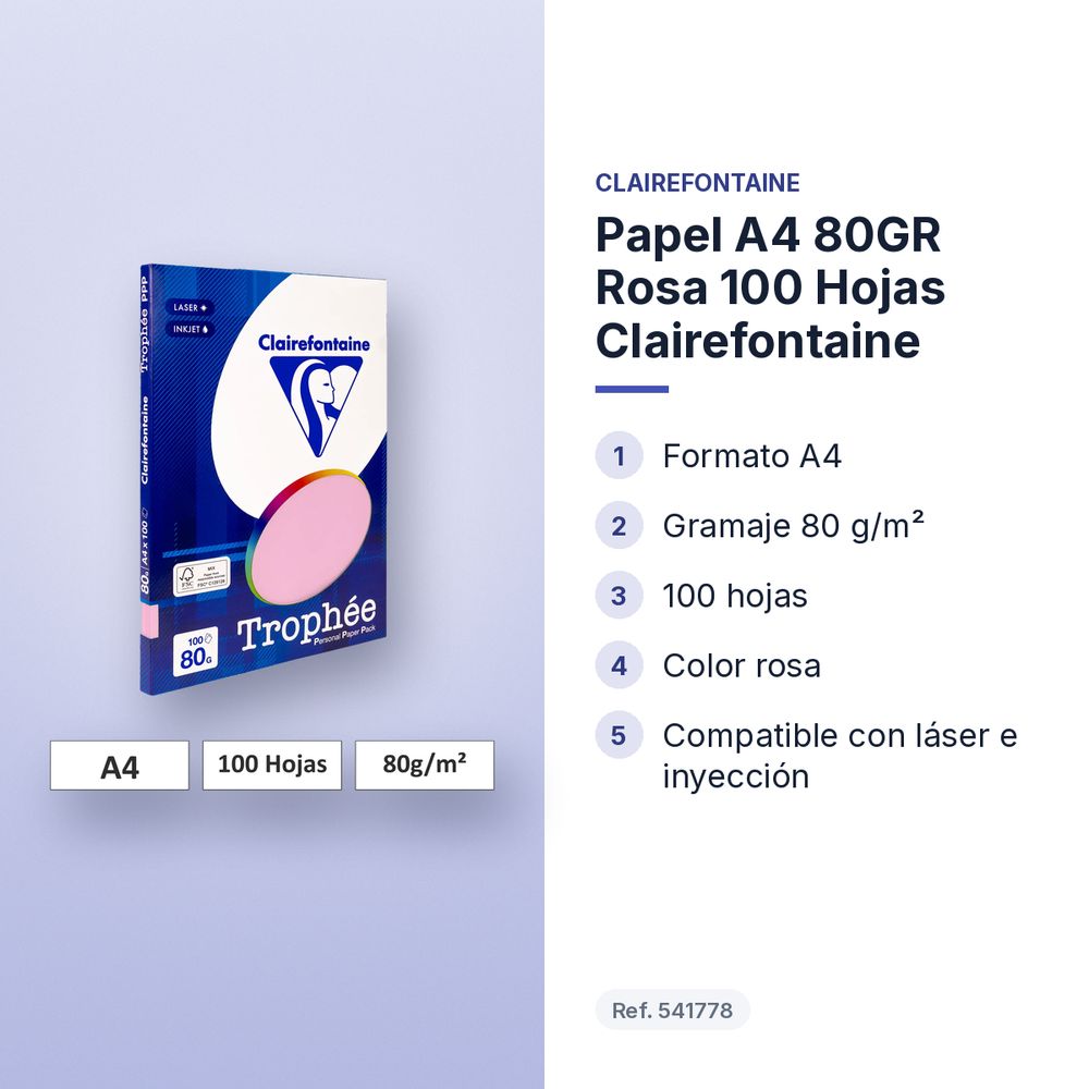 PAPEL A4 80GR ROSA 100 HOJAS CLAIREFONTAINE - características principales