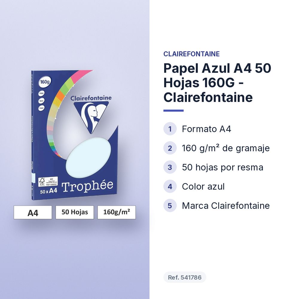 PAPEL AZUL A4 50 HOJAS 160G - CLAIREFONTAINE - características principales