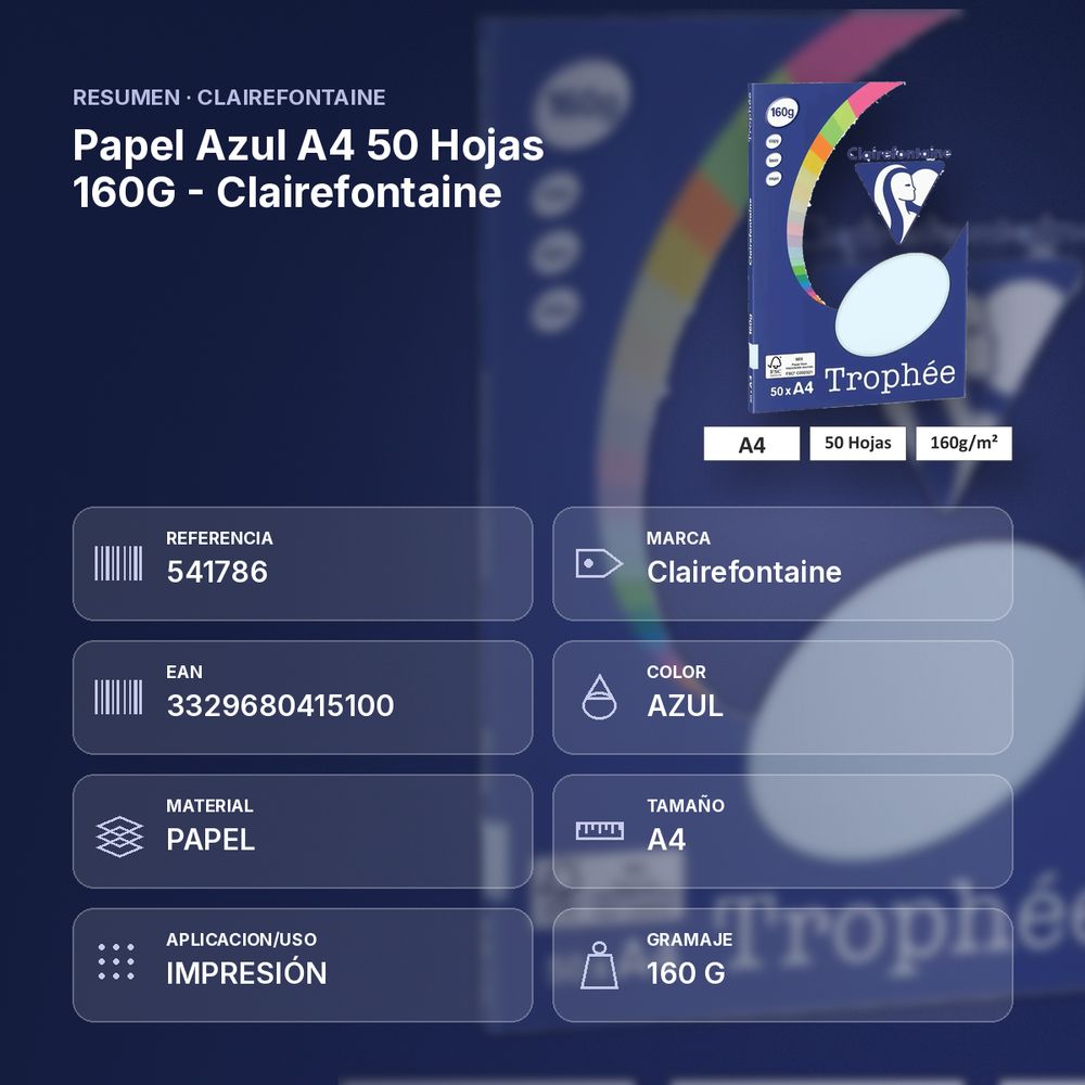 PAPEL AZUL A4 50 HOJAS 160G - CLAIREFONTAINE - resumen de atributos