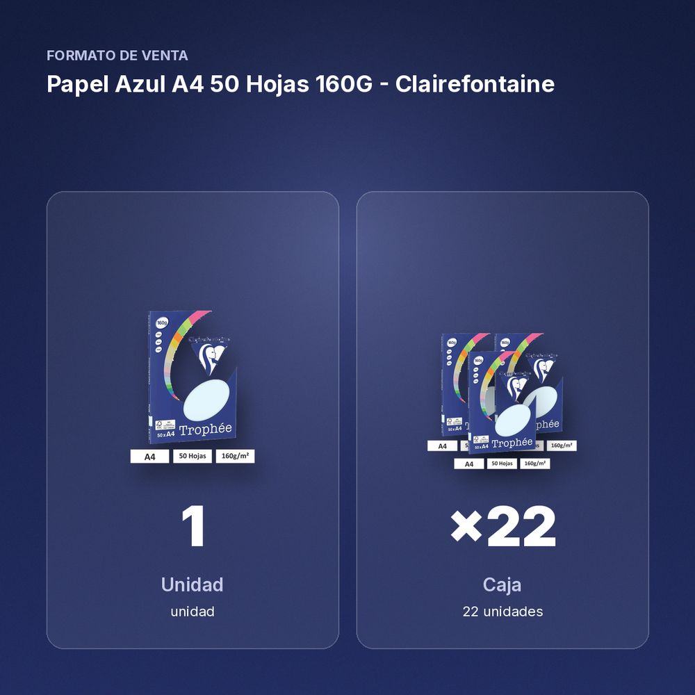 PAPEL AZUL A4 50 HOJAS 160G - CLAIREFONTAINE - formato de venta: caja de 22