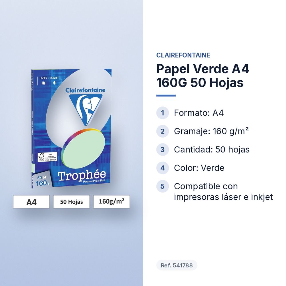 PAPEL VERDE A4 160G 50 HOJAS - características principales
