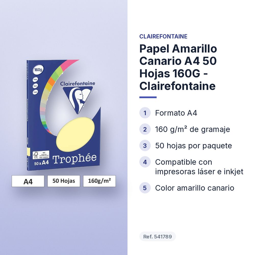 PAPEL AMARILLO CANARIO A4 50 HOJAS 160G - CLAIREFONTAINE - características principales