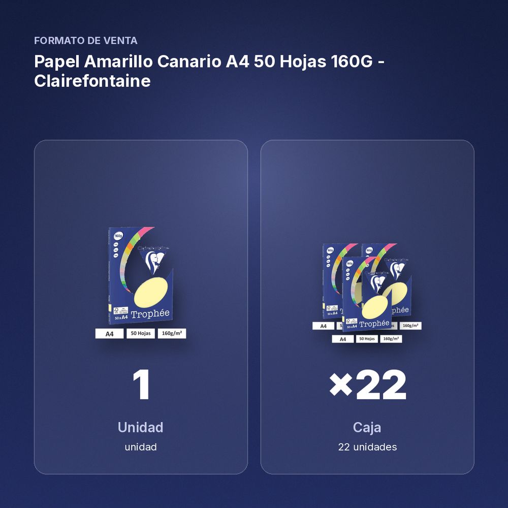 PAPEL AMARILLO CANARIO A4 50 HOJAS 160G - CLAIREFONTAINE - formato de venta: caja de 22