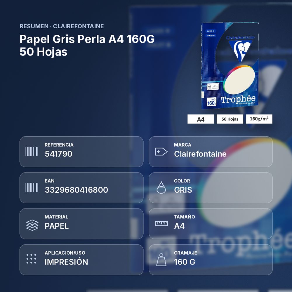 PAPEL GRIS PERLA A4 160G 50 HOJAS  - resumen de atributos