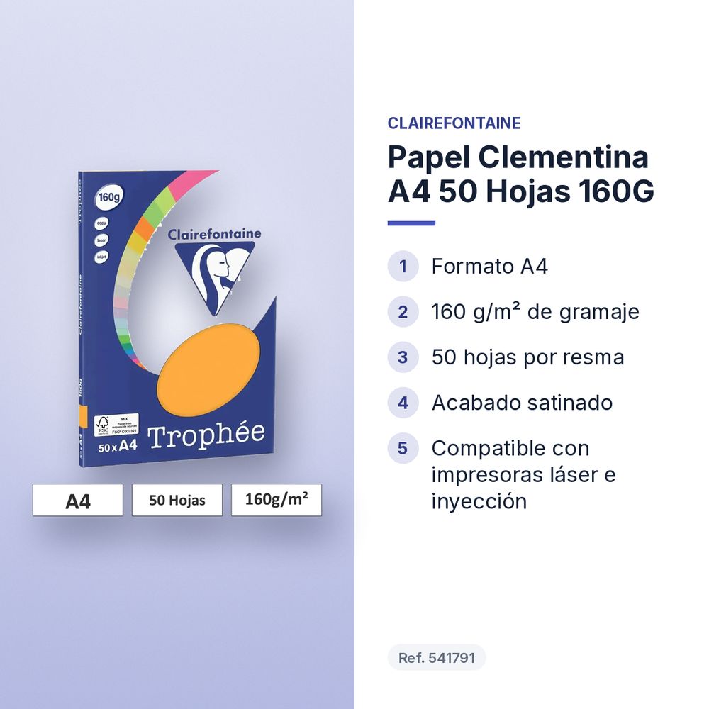 PAPEL CLEMENTINA A4 50 HOJAS 160G  - características principales