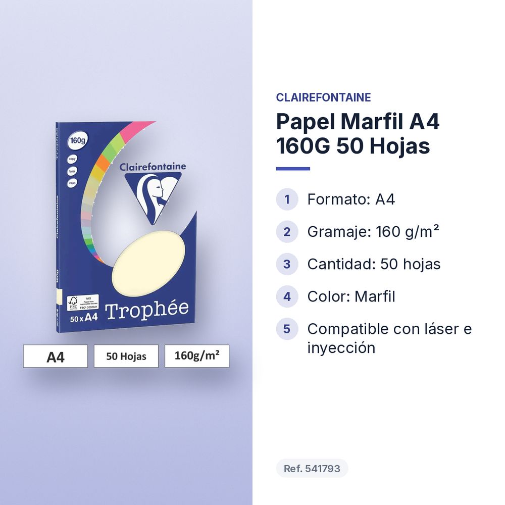 PAPEL MARFIL A4 160G 50 HOJAS  - características principales