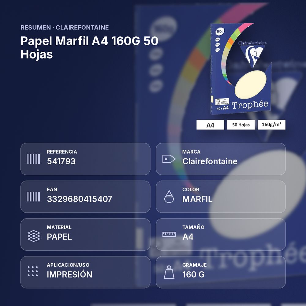 PAPEL MARFIL A4 160G 50 HOJAS  - resumen de atributos
