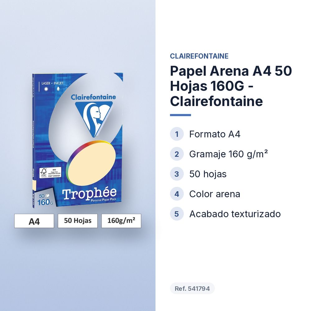 PAPEL ARENA A4 50 HOJAS 160G - CLAIREFONTAINE - características principales