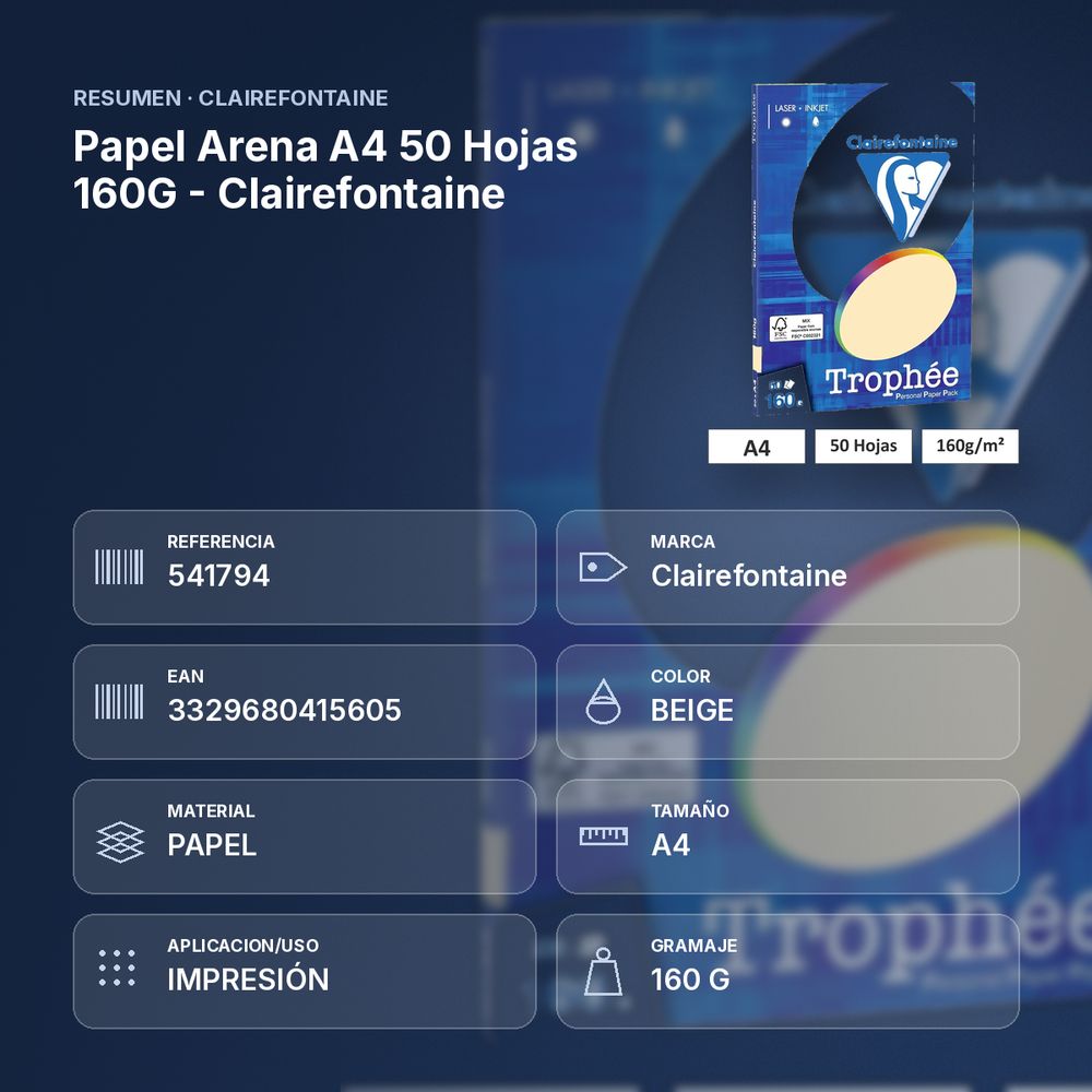 PAPEL ARENA A4 50 HOJAS 160G - CLAIREFONTAINE - resumen de atributos