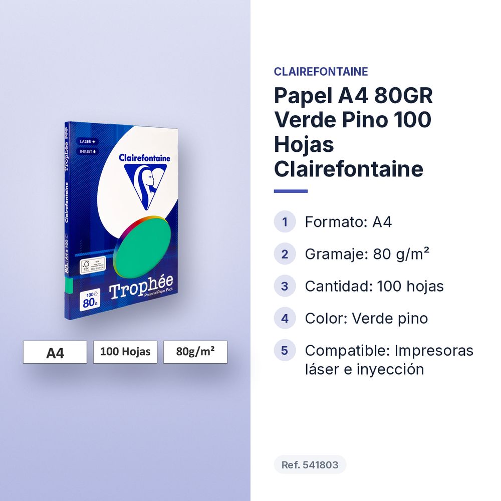 PAPEL A4 80GR VERDE PINO 100 HOJAS CLAIREFONTAINE - características principales